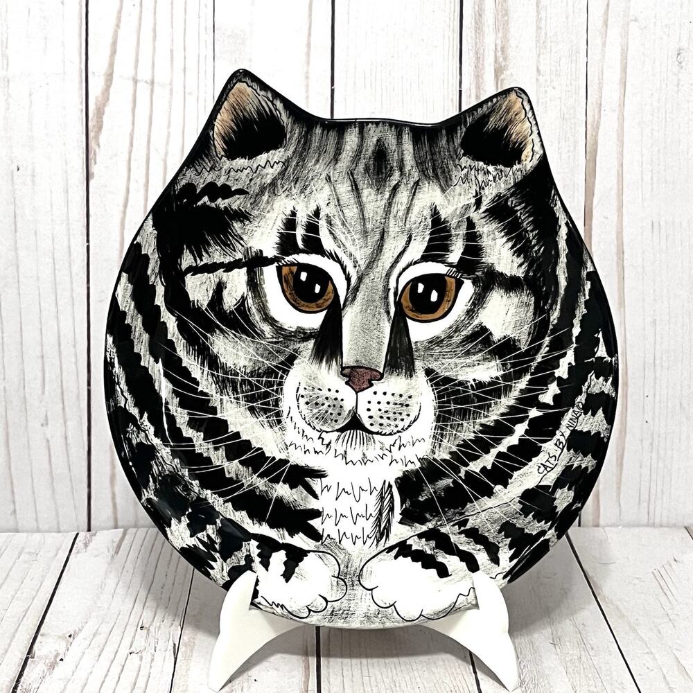 Cats by Nina Lyman Hand-Painted Signed Plate - Black and Gray Tabby 8” X 8½"